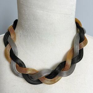 Relex Black, Gold, and Silver Braided Metallic Magnetic Clasp Statement Necklace
